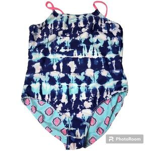 Girls Wonder Nation XL (see measure) Reversible Swimsuit Blue One Piece UPF50+